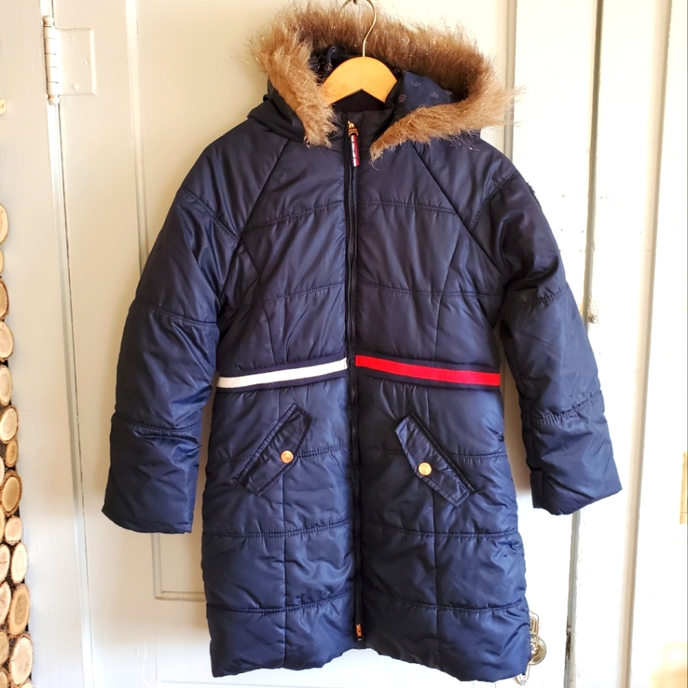 Tommy Hilfiger Navy Blue Longline Faux Fur Trim Puffer Coat Girl's Size L 12/14